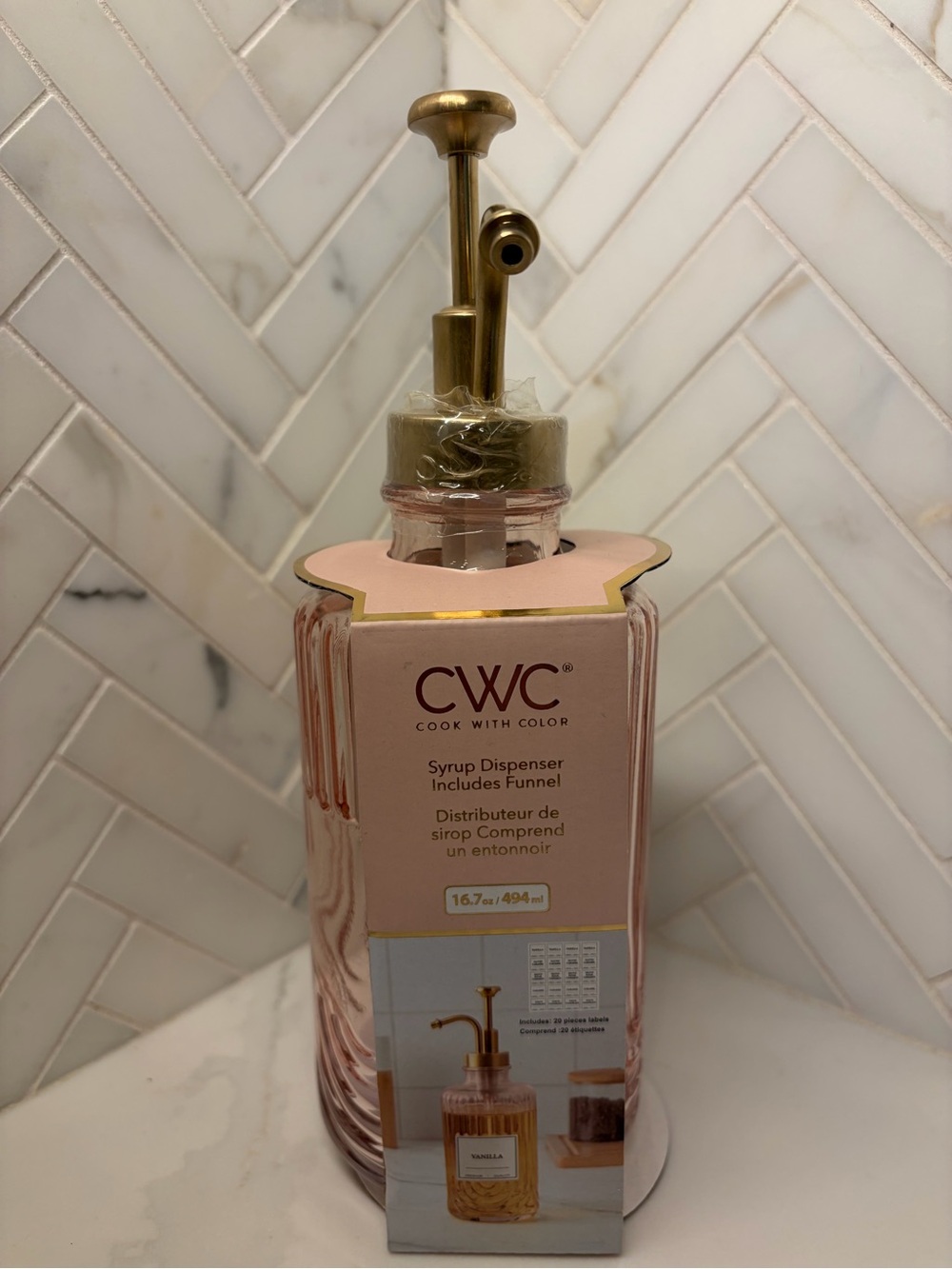 Cook with Color Pink Glass Syrup Dispenser with Gold Pump